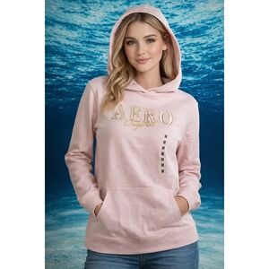 ❄️Aeropostale Womens Pink Gold Foil Aero Original Fleece Hoodie Sweatshirt
